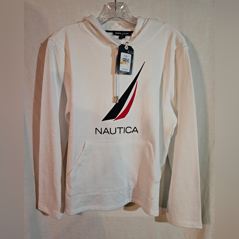 Nautica Jeans Women's Solid Logo Pullover Hoodie Sweatshirt In White Size Small